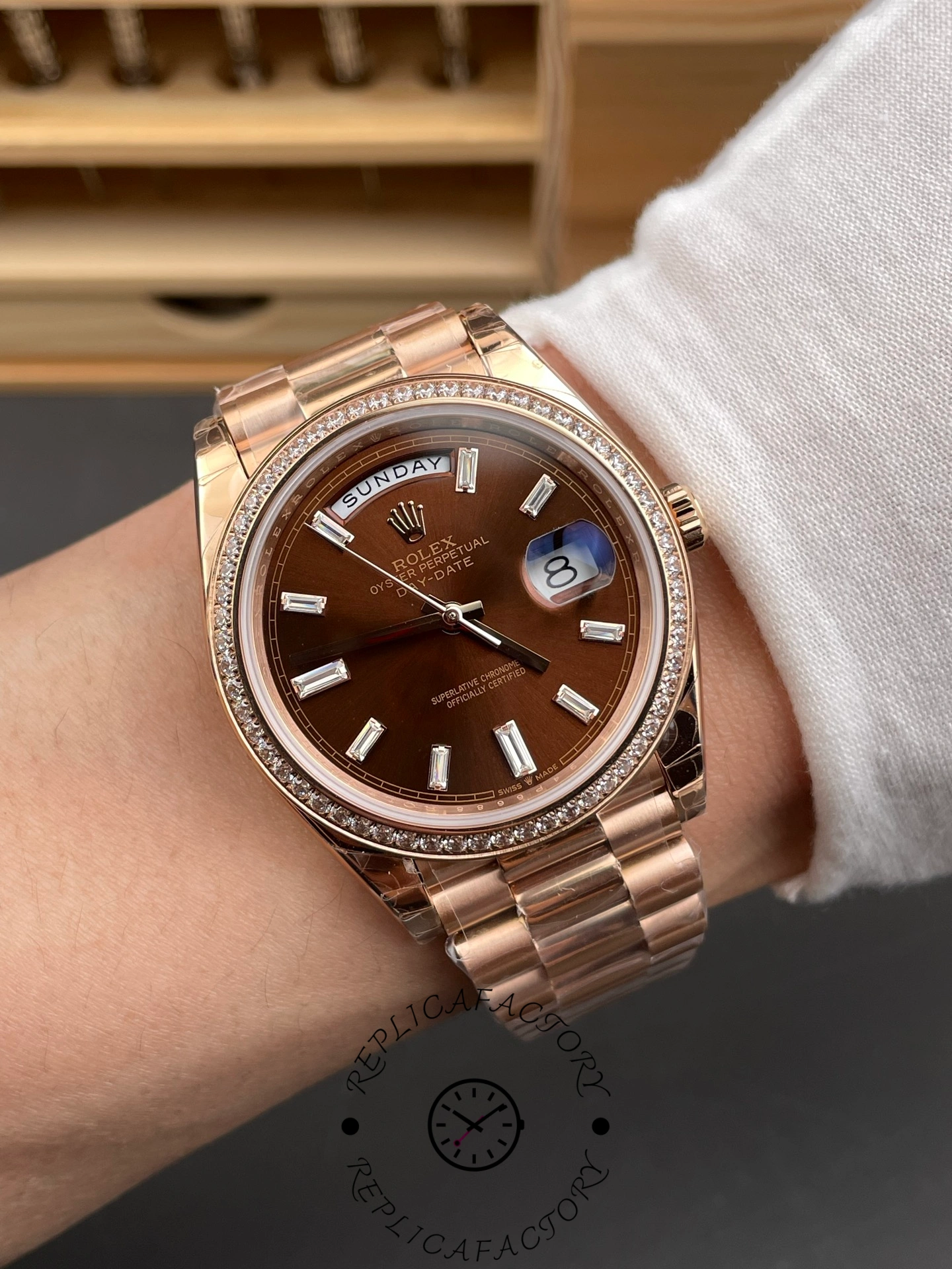 Rolex Day-Date 228345RBR Chocolate Brown Diamond Dial Diamond Bezel 40mm Mens Replica Watch
