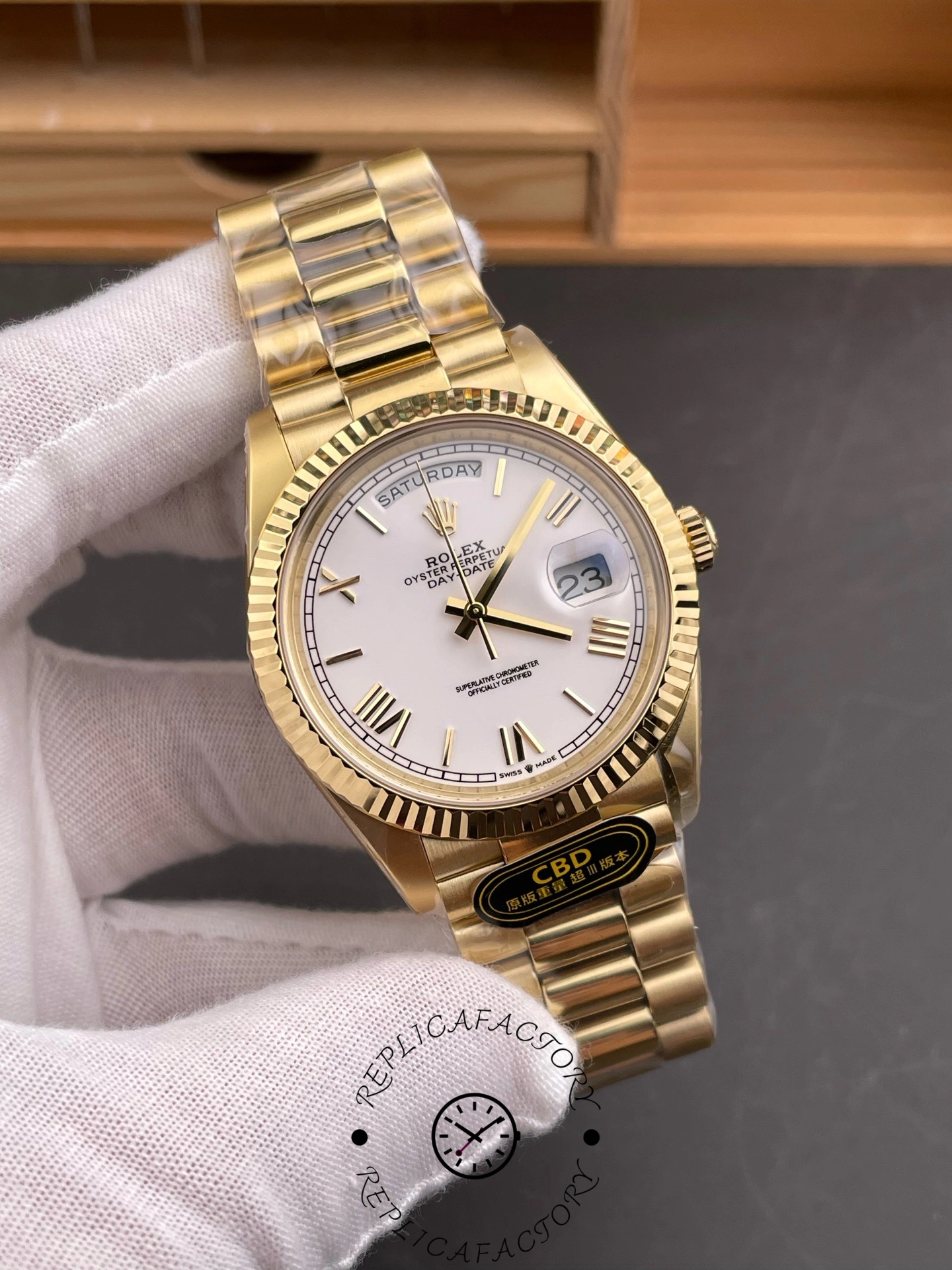 Rolex Day-Date 228238 White Roman Dial Fluted Bezel 40mm Mens Replica Watch