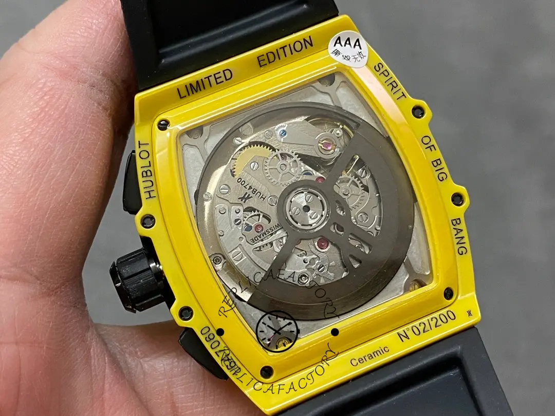 Caseback view of Hublot 642.CY.011Y.RX showing exhibition back and movement view.