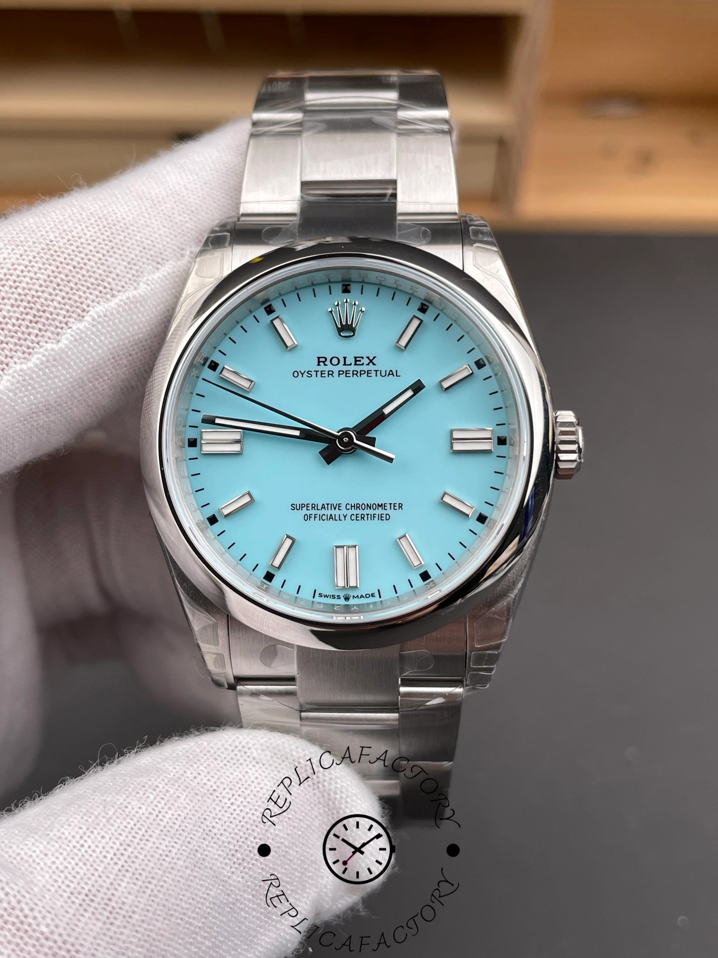 2024 Rolex Oyster Perpetual 126000 Stainless Steel Baby Blue Dial Replica Watch