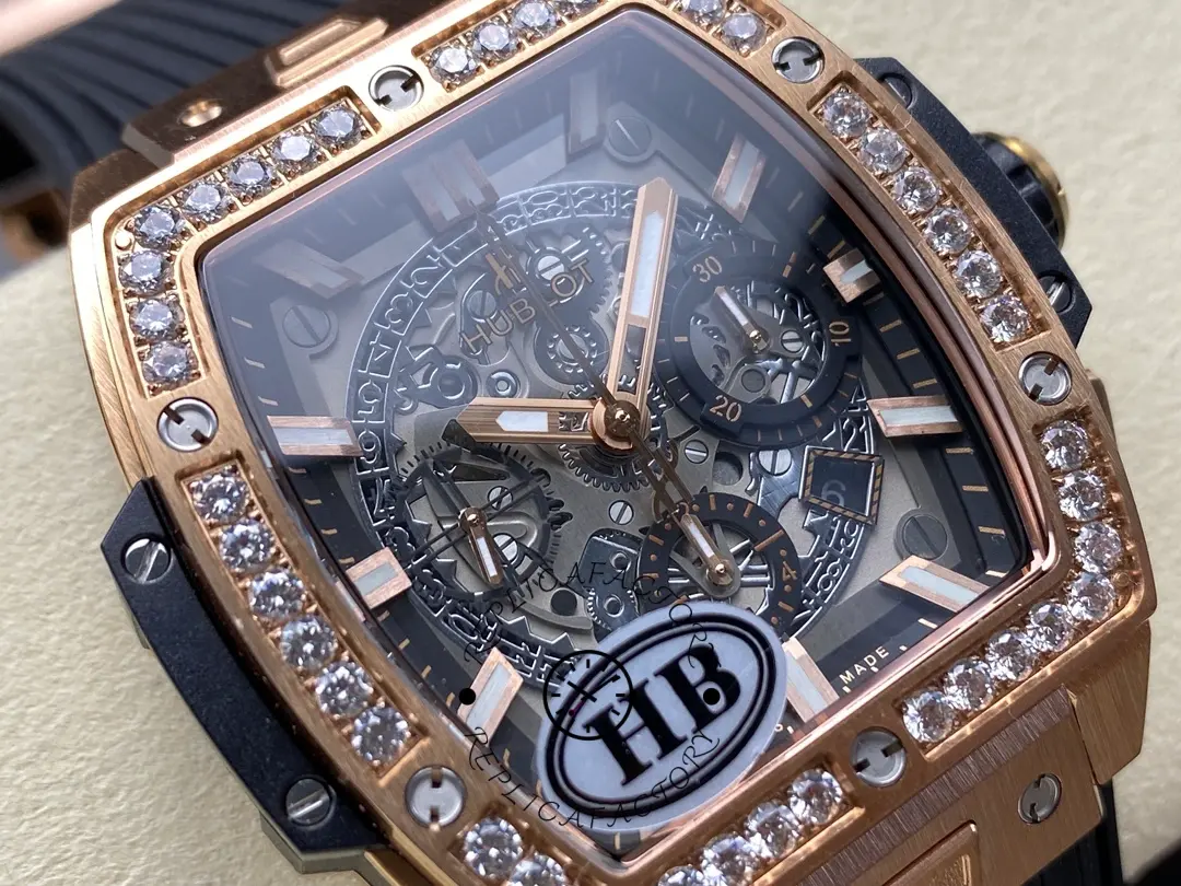 Angled close-up of Hublot 642.OX.0180.RX.1104 focusing on the diamond bezel, rose-tone markers, and subdials.