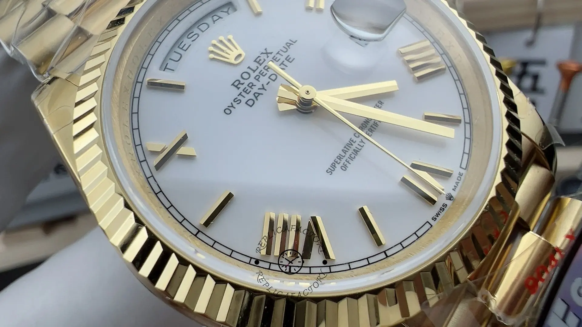 Rolex Day-Date 228238 White Roman Dial Fluted Bezel 40mm Mens Replica Watch