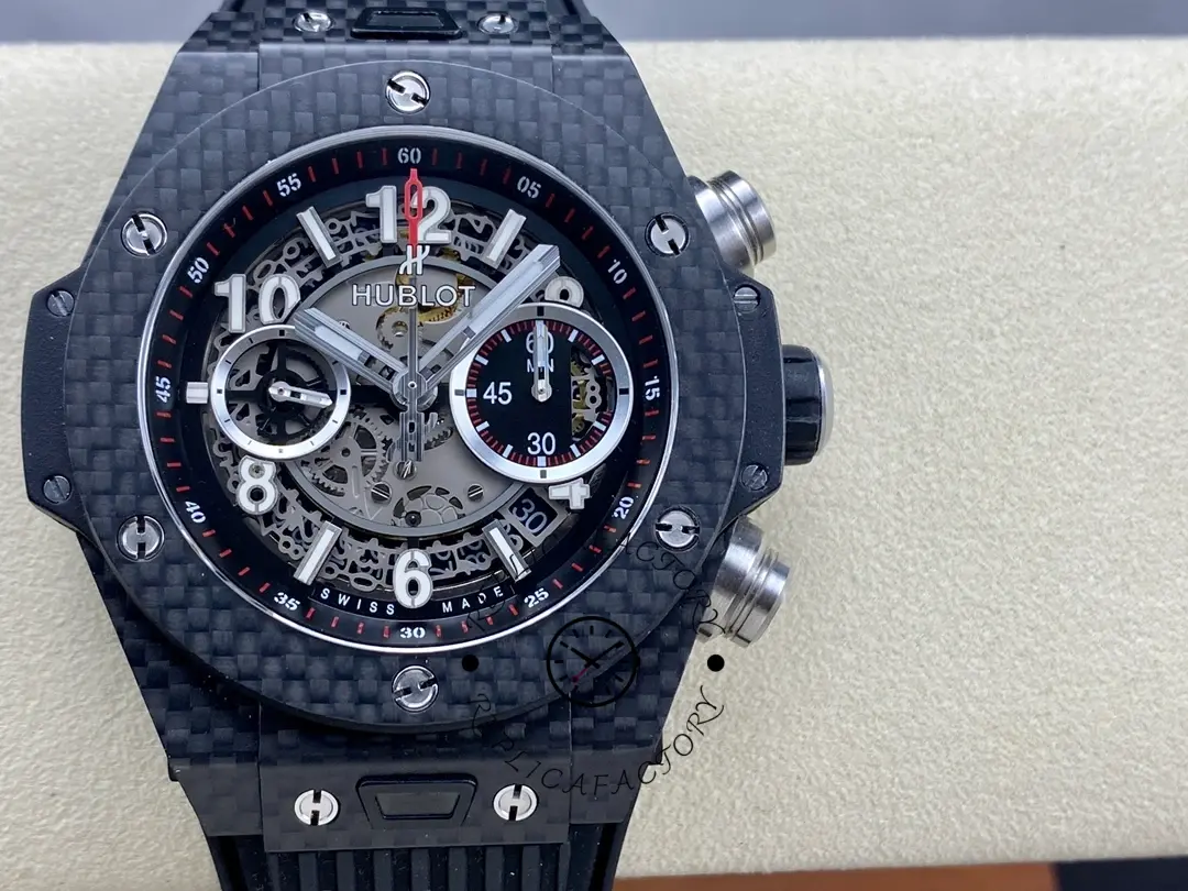 Hublot Big Bang UNICO 411.QX.1170.RX watch on cushion, carbon case and skeleton dial.