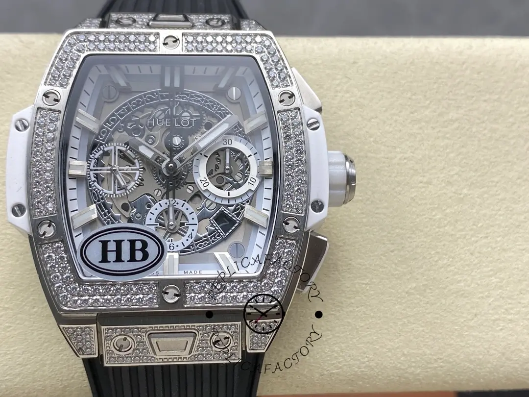 Front view of Hublot 642.NE.2010.RW.1604 showing diamond-set bezel look and skeleton dial on black ribbed strap.