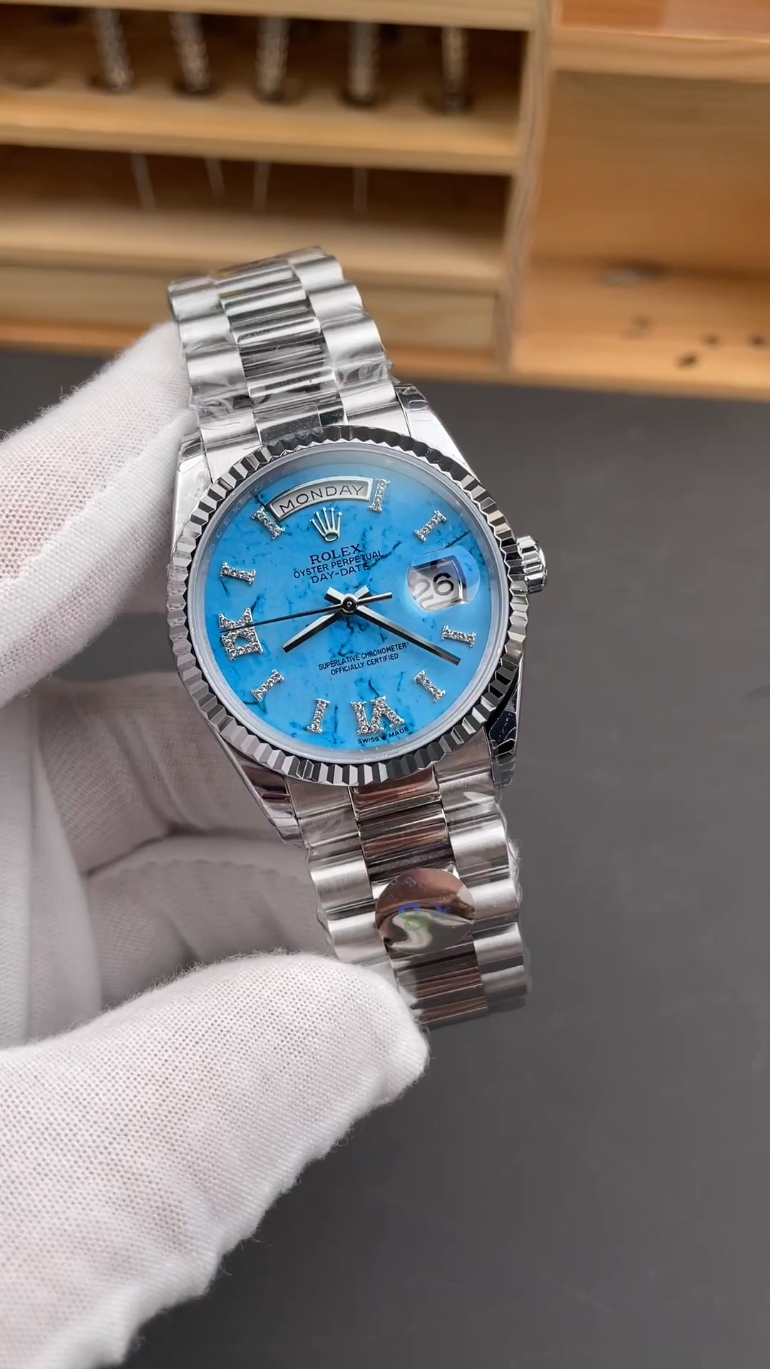 Rolex Day Date 36 Turquoise Diamond-Set Roman Dial 128236 0011