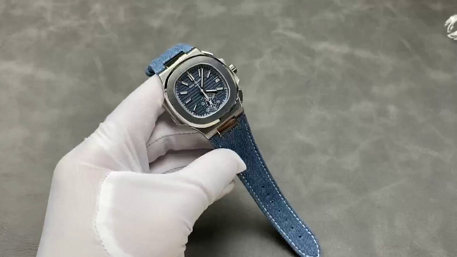 Patek Philippe Nautilus Replica 5980/60G-001 Flyback Chronograph Blue Gray Dial Men's Watch - WatchesReplica.is