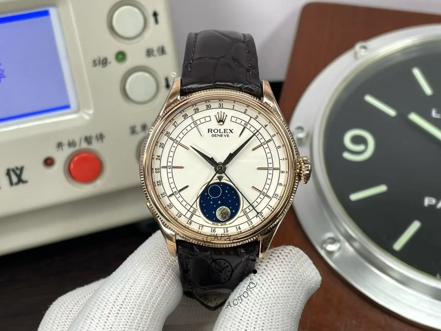 Front view of Rolex Cellini 50535-0002 replica with ivory dial, moonphase display and brown leather strap.