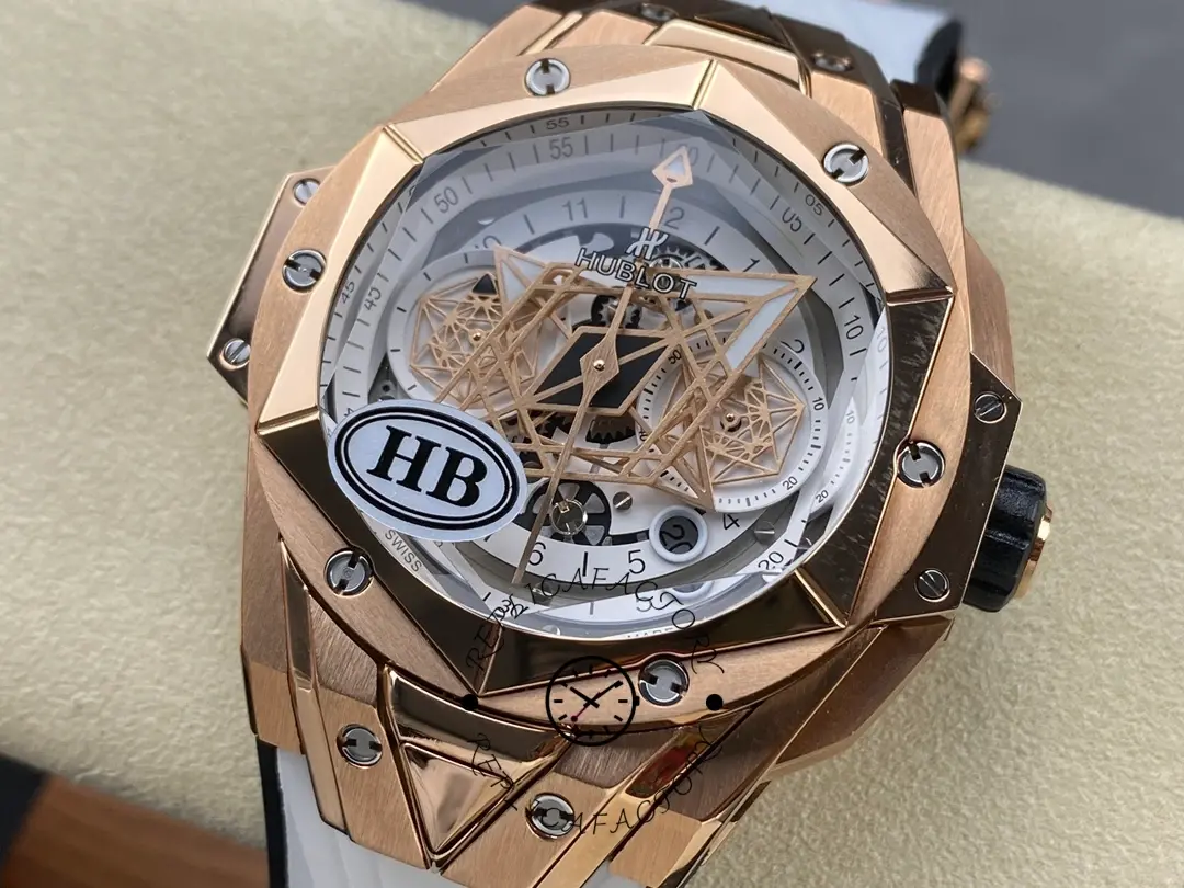 Angled close-up of Hublot 418.OX.2001.RX.MXM20 showing faceted bezel screws and skeleton dial depth.