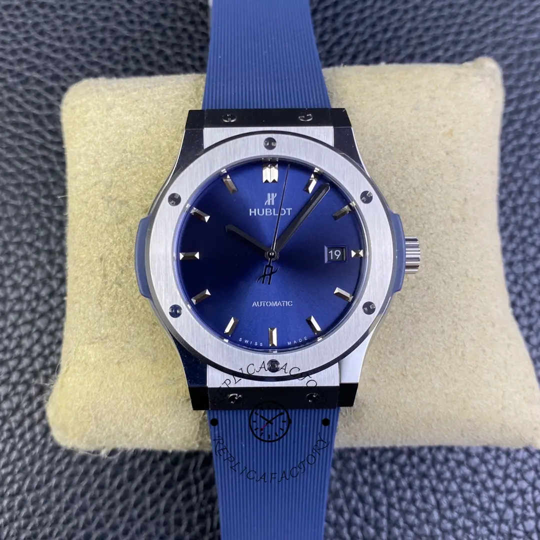 Blue dial Hublot Classic Fusion 511.CO.1181.RX on cushion, full watch face view.