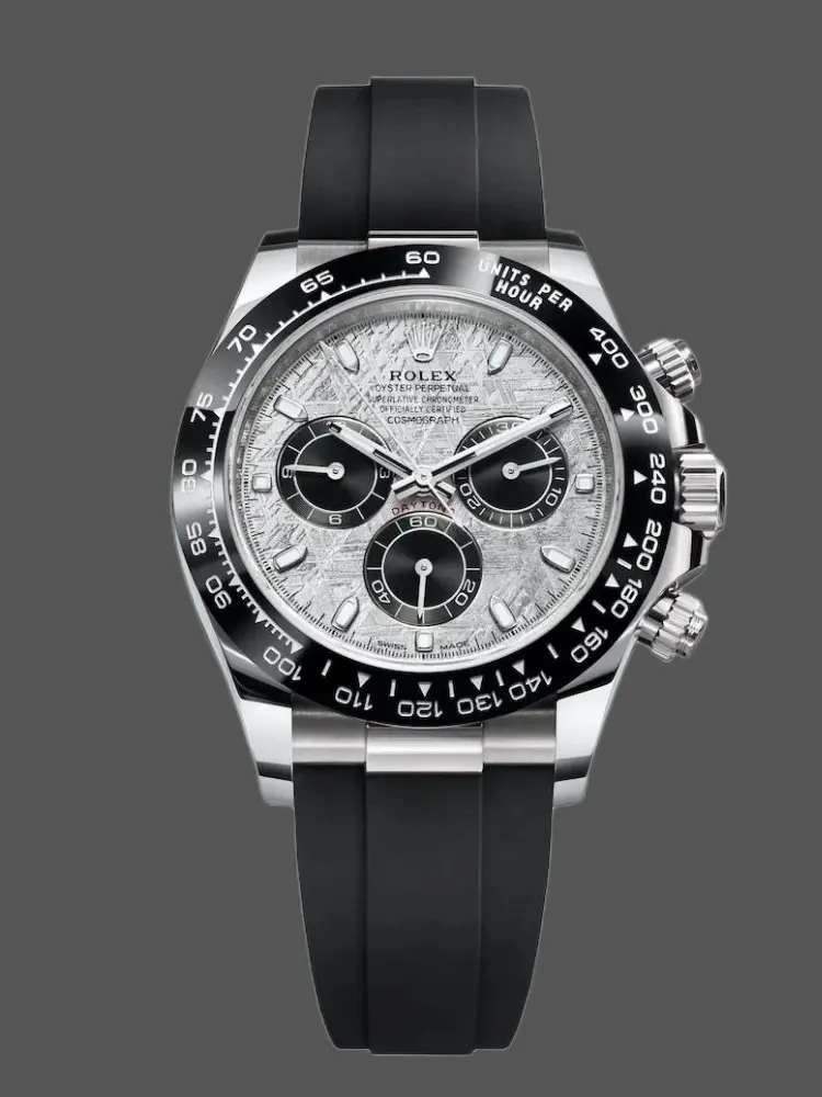 Front studio view of Rolex Daytona 116519 with meteorite dial, black sub-dials, and black Oysterflex strap. - Front view