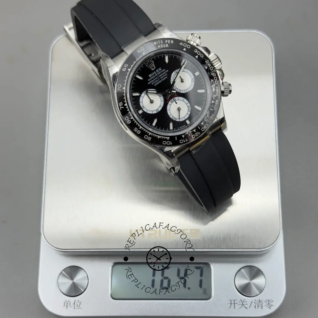 Rolex Cosmograph Daytona 126519LN displayed on a scale with Oysterflex strap and black dial.