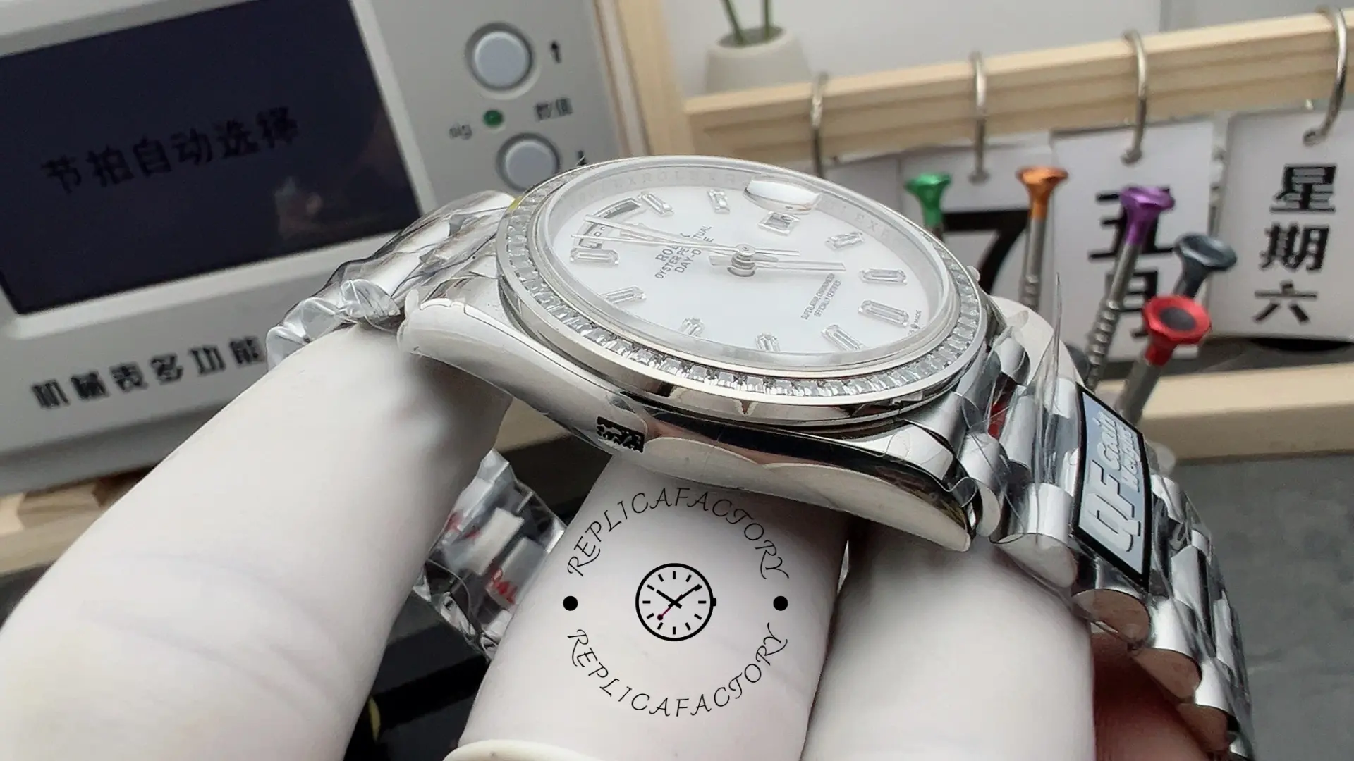 Rolex Day Date 36 MOP Dial Diamond Bezel Platinum m128396tbr 0022