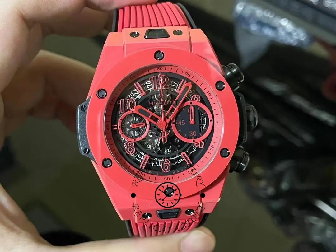 Close-up dial view of Hublot Big Bang Unico Red Magic Ceramic 411.CF.8513.RX highlighting chronograph subdials.
