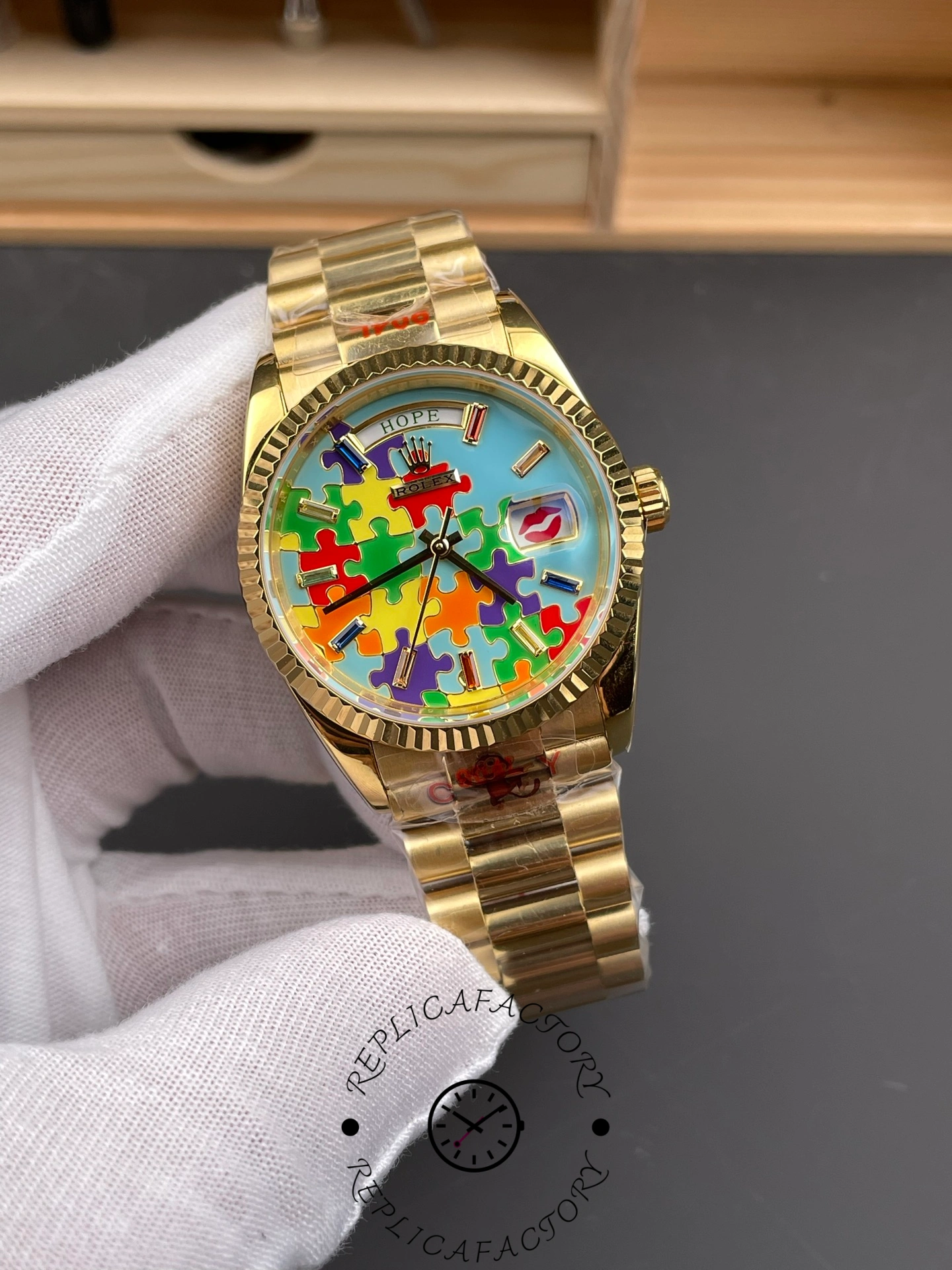 Rolex Day Date 128238-0106 36mm Yellow Gold Fluted Bezel Emoji Puzzle Dial
