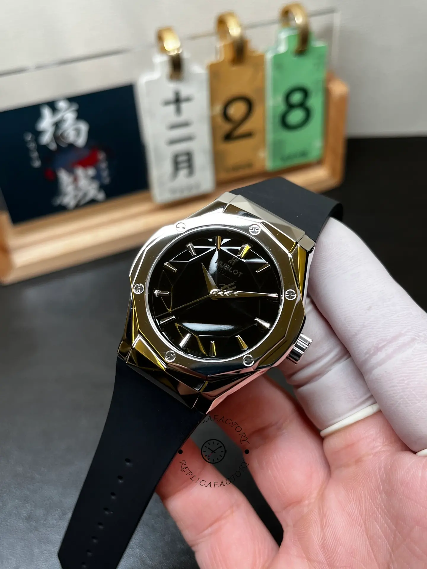 Hublot Classic Fusion Orlinski 550.NS.1800.RX.ORL19 angled dial shot, faceted bezel highlights.