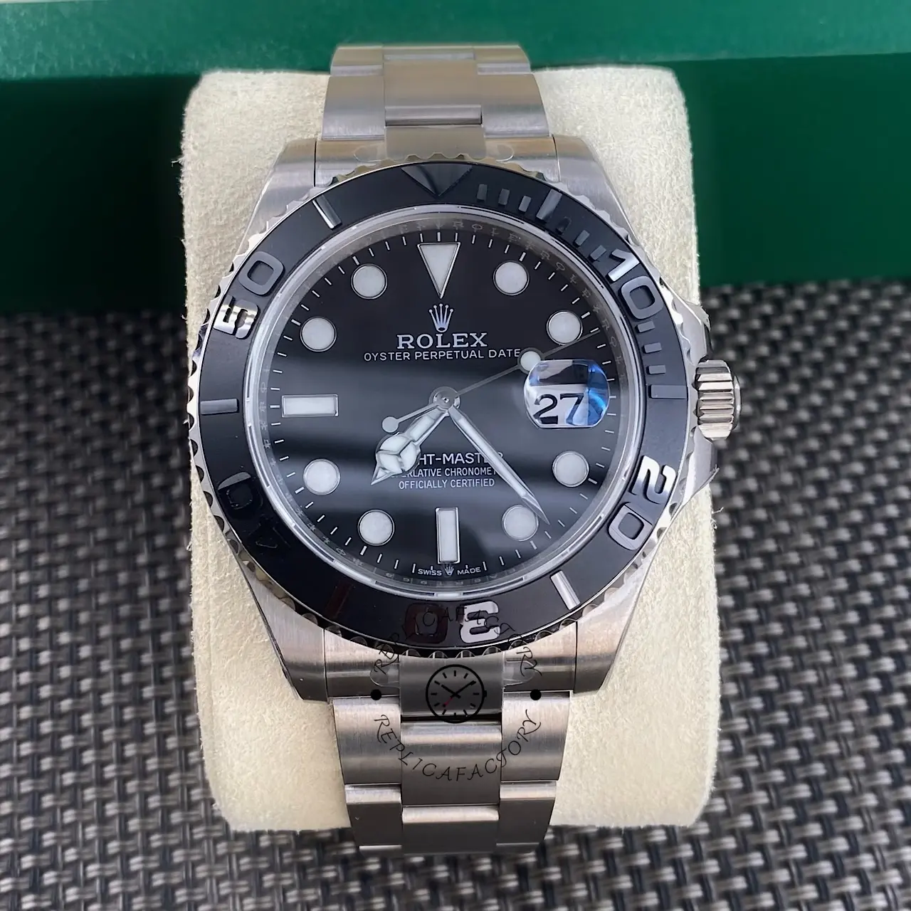 Close front view of Rolex Yacht-Master 226627-0001 showing black dial and raised bezel markers.
