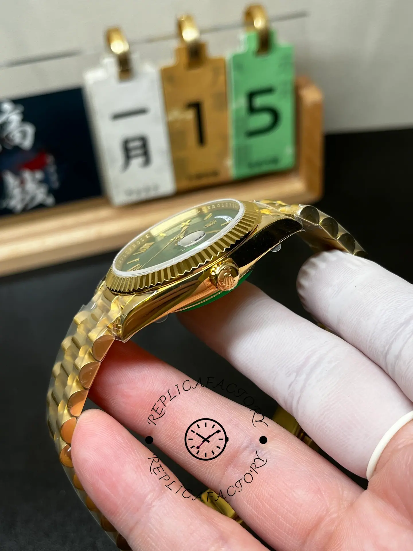 Side profile of Rolex 228238-0061 showing crown and bracelet curve.