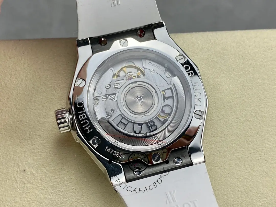 Caseback view of Hublot Classic Fusion 550.NS.2200.RW.1604.ORL20 showing engraved back and movement window.