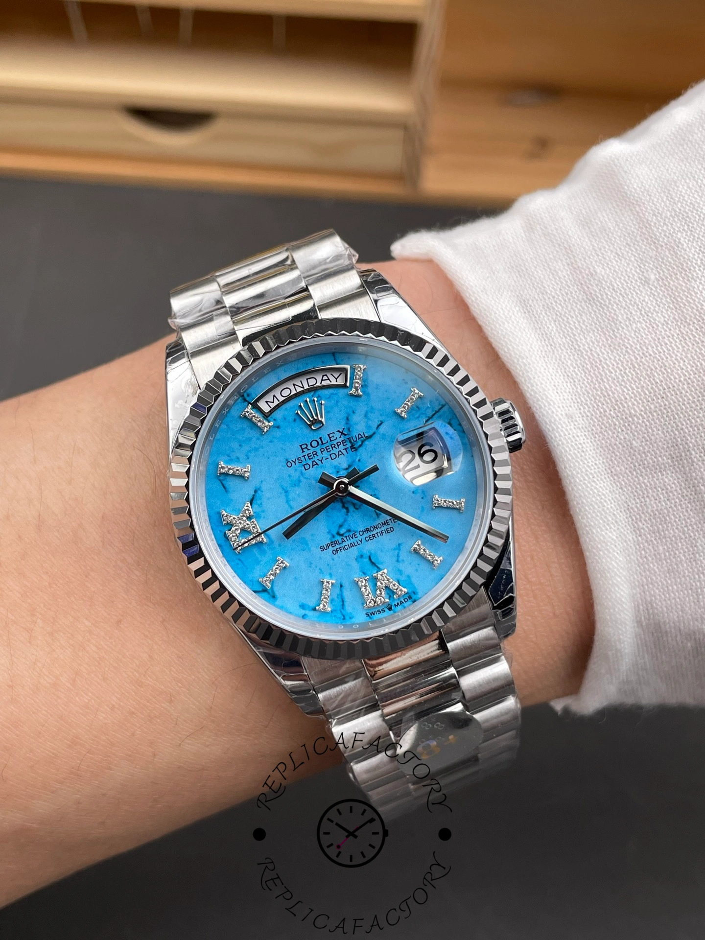 Rolex Day Date 36 Turquoise Diamond-Set Roman Dial 128236 0011
