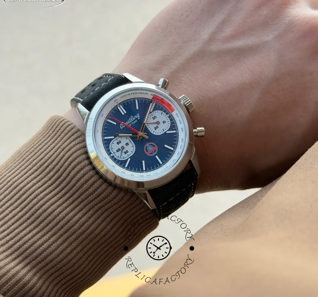 Breitling Top Time B01 Shelby Cobra AB01763A1C1X1, wrist shot in sunlight showing blue dial shine.