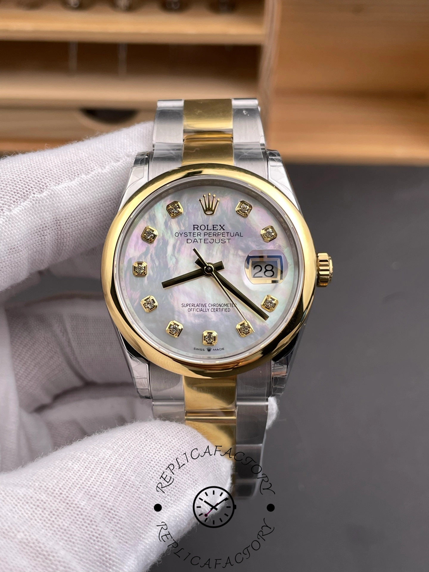 Rolex Datejust 36 Steel & Yellow Gold Mother of Pearl Diamond Dial M126203 0024 Women's Watch