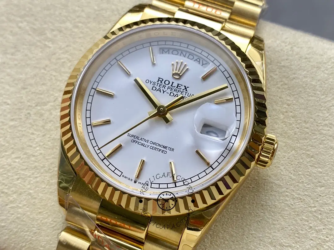 Rolex Day-Date 128238 Fluted Bezel White Roman Dial 36MM Replica Watch