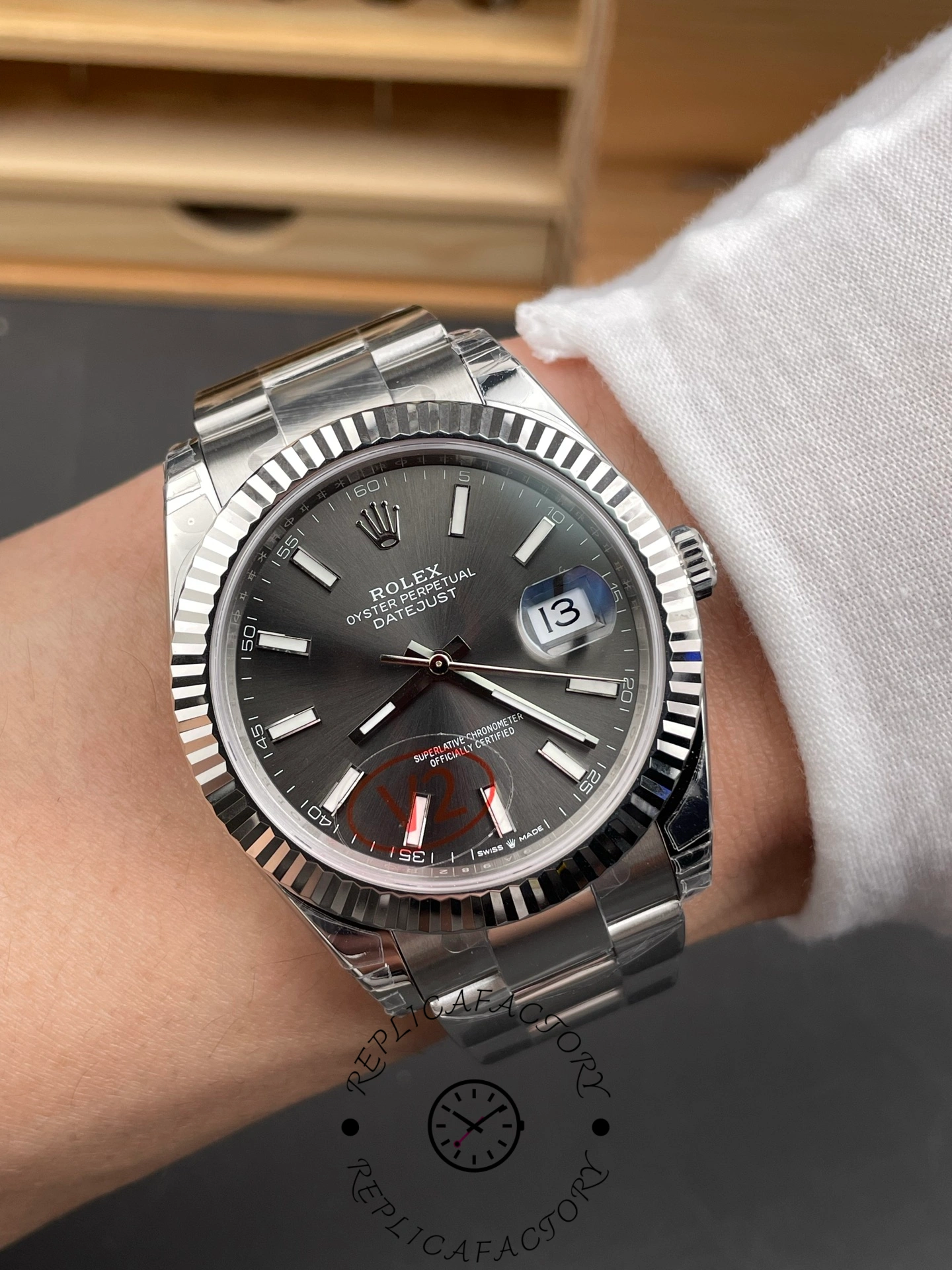 Rolex Datejust 41 White Gold Fluted Bezel Slate Dial Oyster M126334 0013 Men's Watch