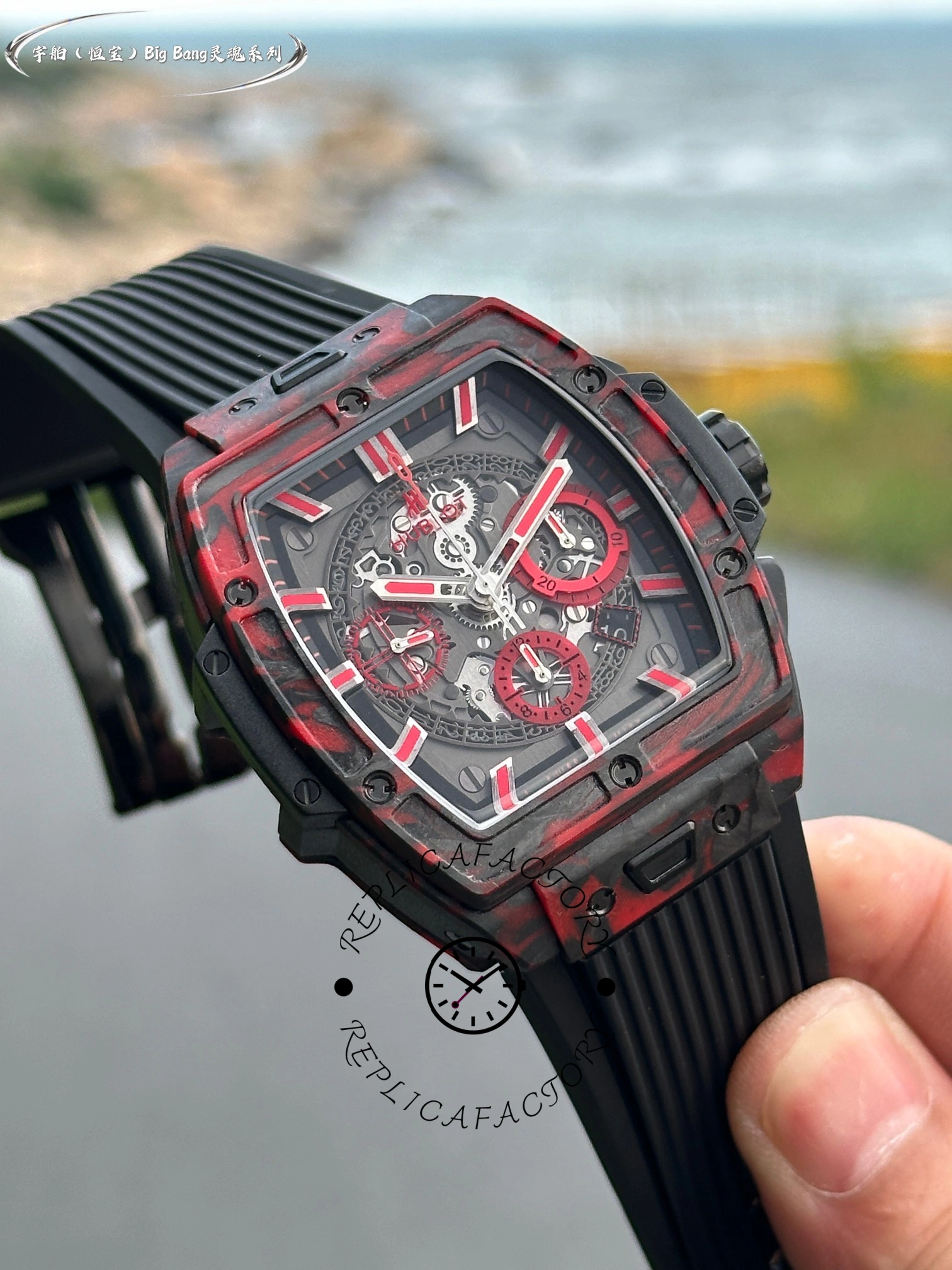 Hublot Big Bang 642.QV.0113.NR.CNY21 angled close-up highlighting skeleton dial depth and red details.