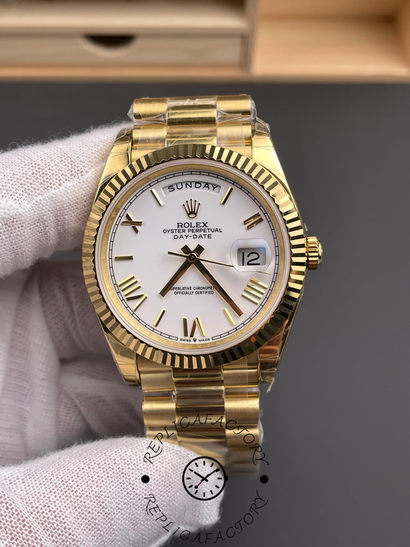 Rolex Day-Date 128238 Fluted Bezel White Roman Dial 36MM Replica Watch