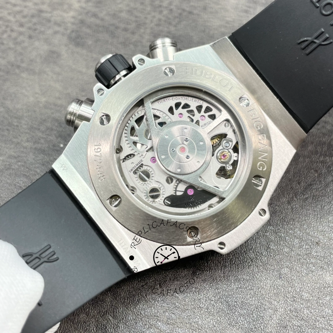 Looking from top to bottom, the Hublot 411.NX.1170.RX.0904 Big Bang Unico 45mm watch features a strap and a centrally located skeletonized case back.
