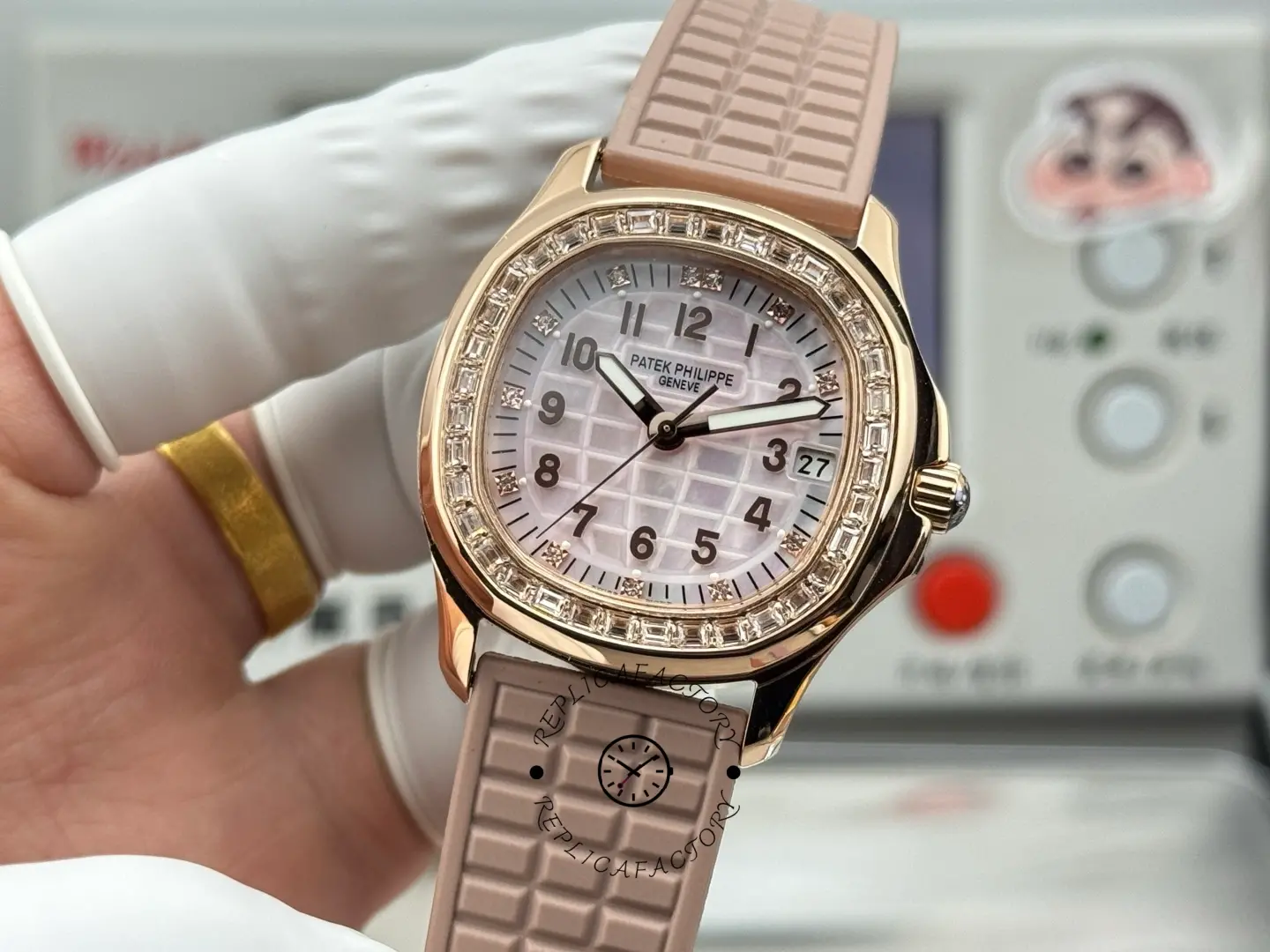 Top view of the Patek Philippe Aquanaut 5072R-001 emphasizing diamond-set bezel.