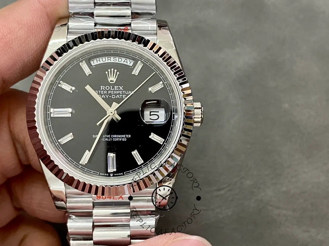 Rolex Day-Date 40mm 228239 0005 Black Diamond Dial Fluted Bezel Mens Replica Watch