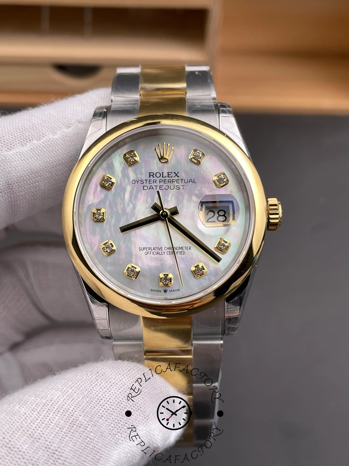 Rolex Datejust 36 Steel & Yellow Gold Mother of Pearl Diamond Dial M126203 0024 Women's Watch