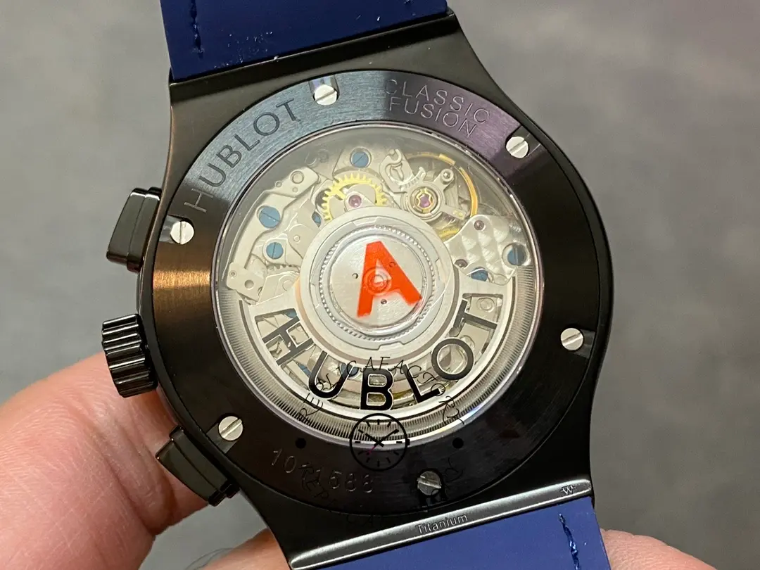 Caseback view of Hublot 521.CM.7170.LR showing exhibition back and visible rotor.