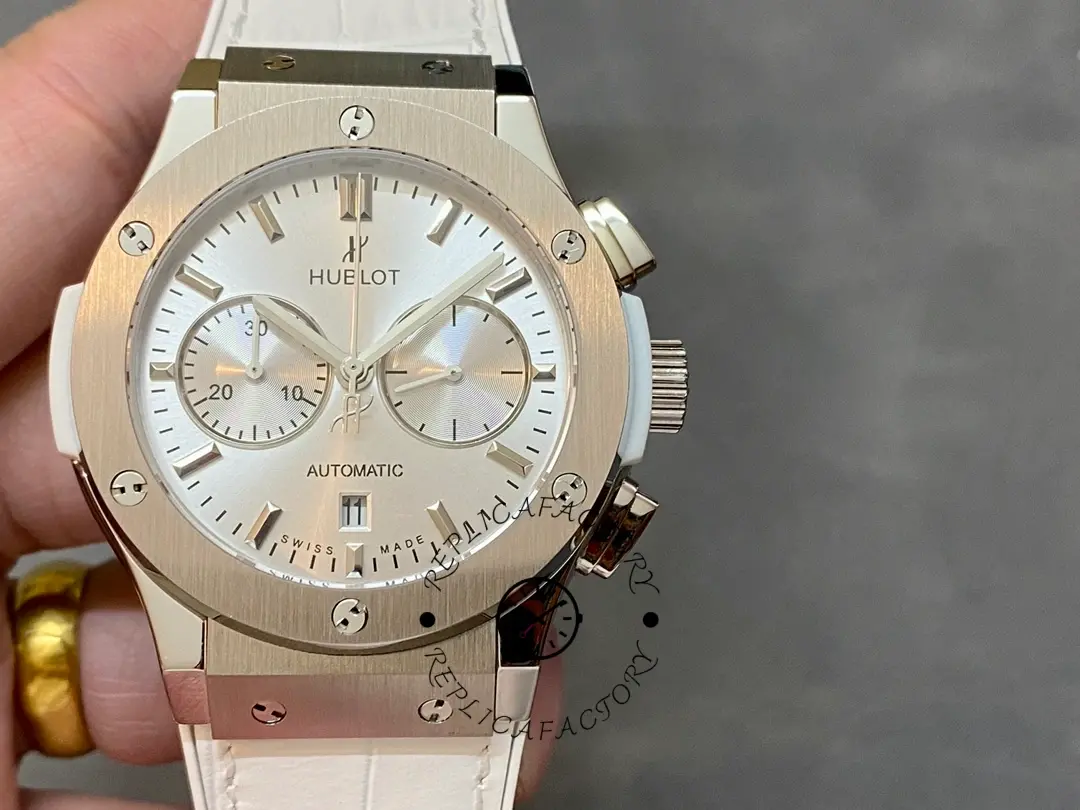 Front view of Hublot 521.NX.7071.LR with light dial tone and white strap.