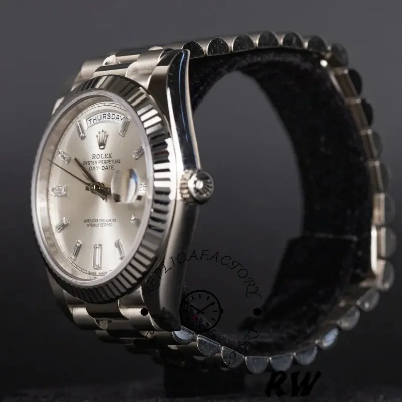 Rolex Day-Date 228239 Silver Baguette Diamond Dial Fluted Bezel 40mm Mens Replica Watch