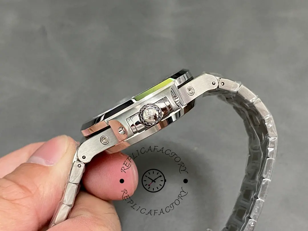 Side profile of the Patek Philippe Nautilus 5740 1G 001 highlighting the crown.