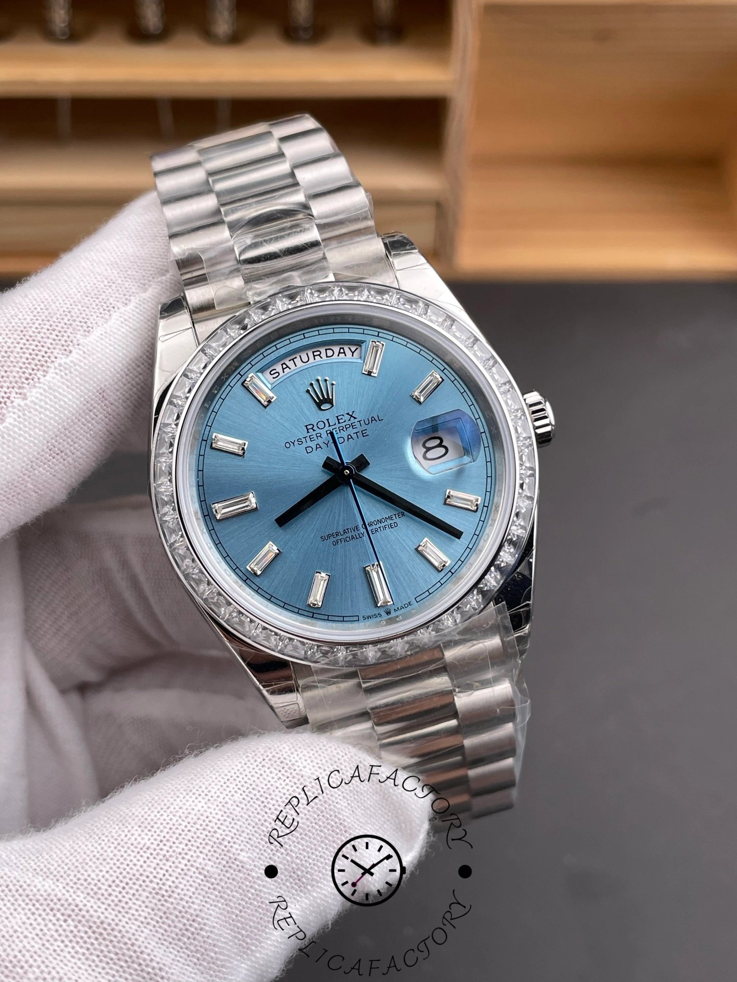Rolex Day Date m128396tbr 0003 Platinum Ice Blue Dial 36 mm