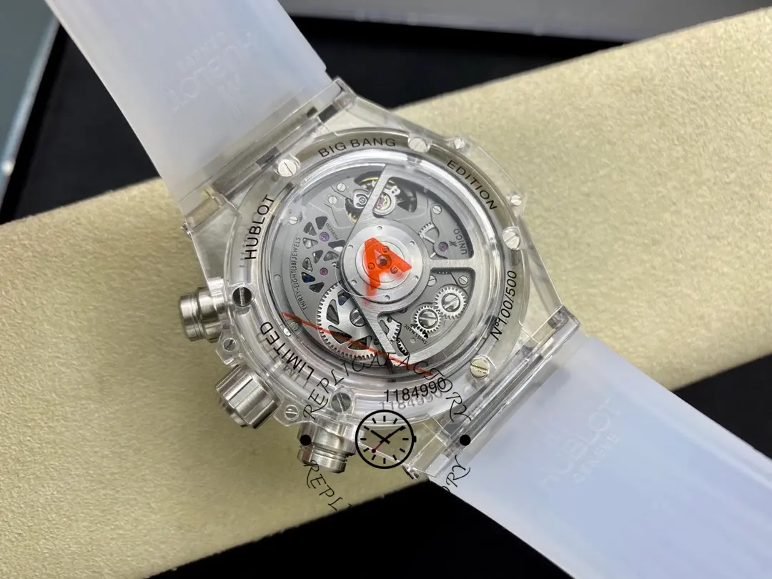 Back view of Hublot Big Bang Unico Chronograph 411.JX.1170.RX, rotor and movement engraving.