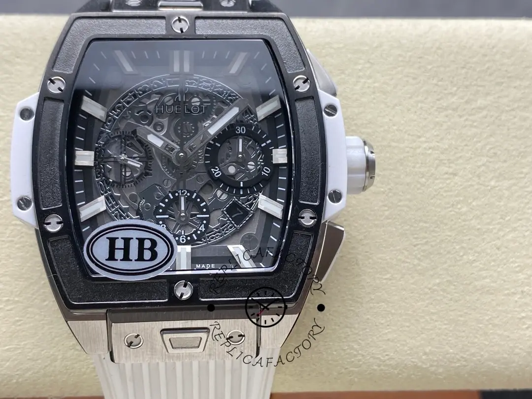 Front view of Hublot Spirit of Big Bang 642.NM.0170.RX on cushion showing skeleton dial and case.