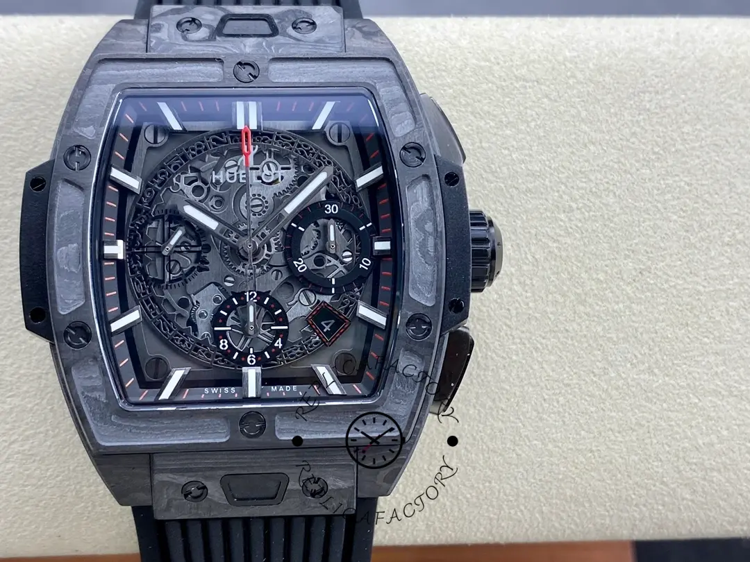 Front view of Hublot 642.CI.0170.RX showing skeleton dial and rubber strap.