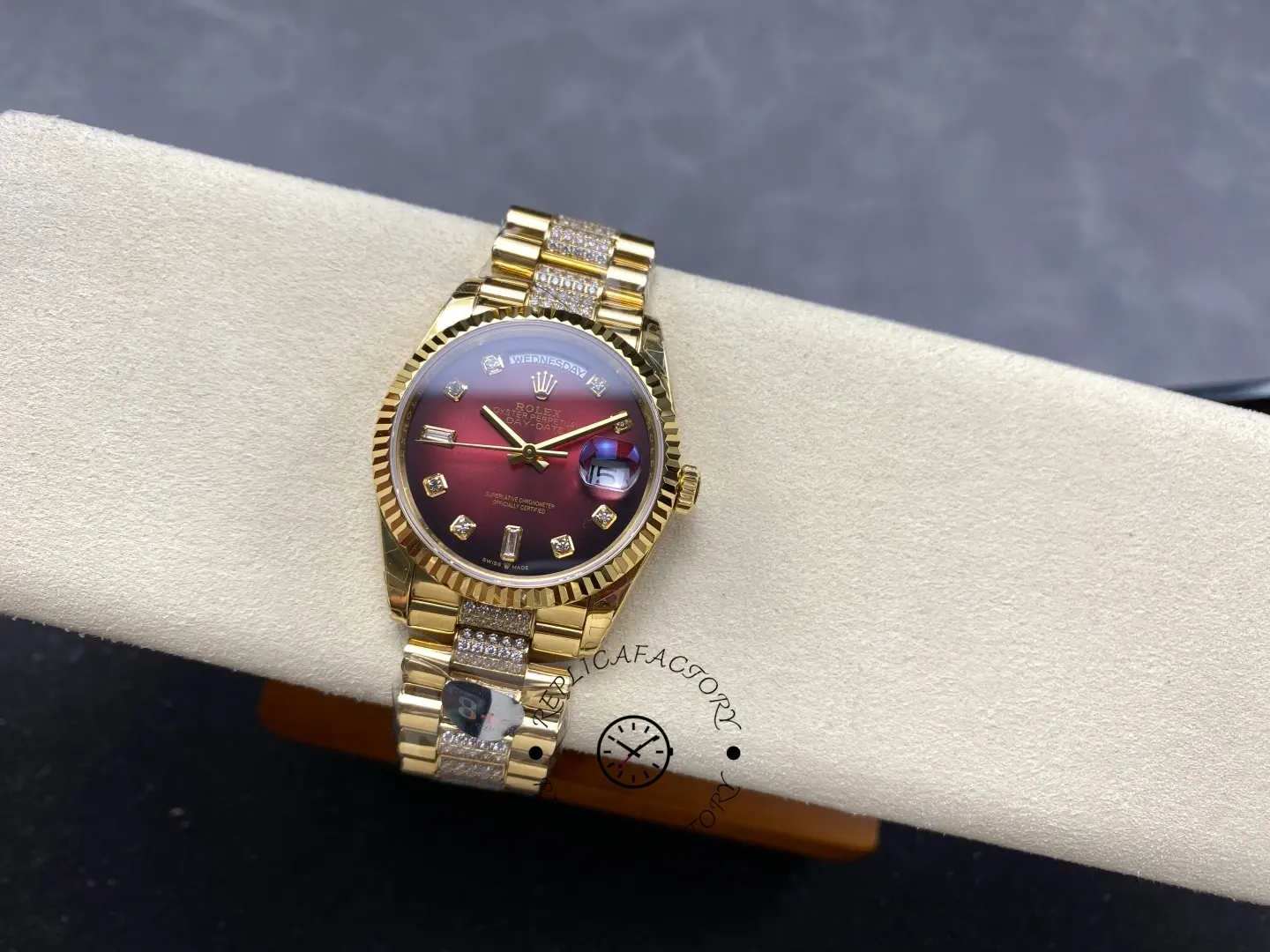 Rolex Day-Date Dark Red Dial Replica 128238 Women's Gold Watch