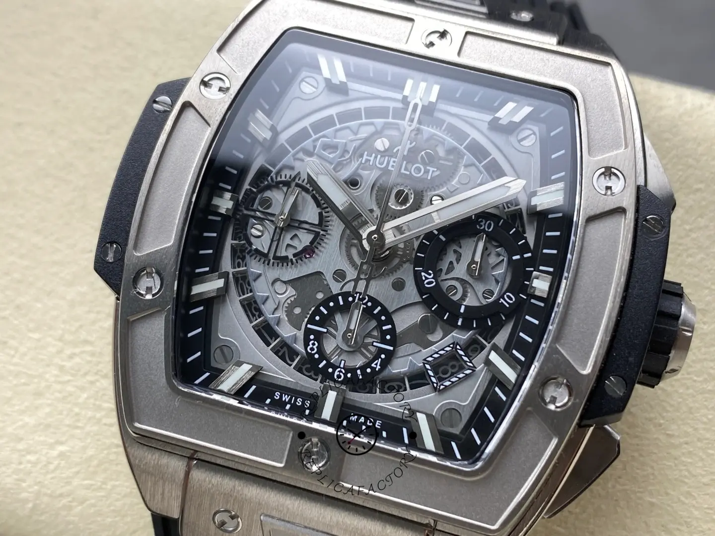 Three-quarter view of Hublot Spirit of Big Bang 642.NX.0170.RX showing chronograph layout and markers.