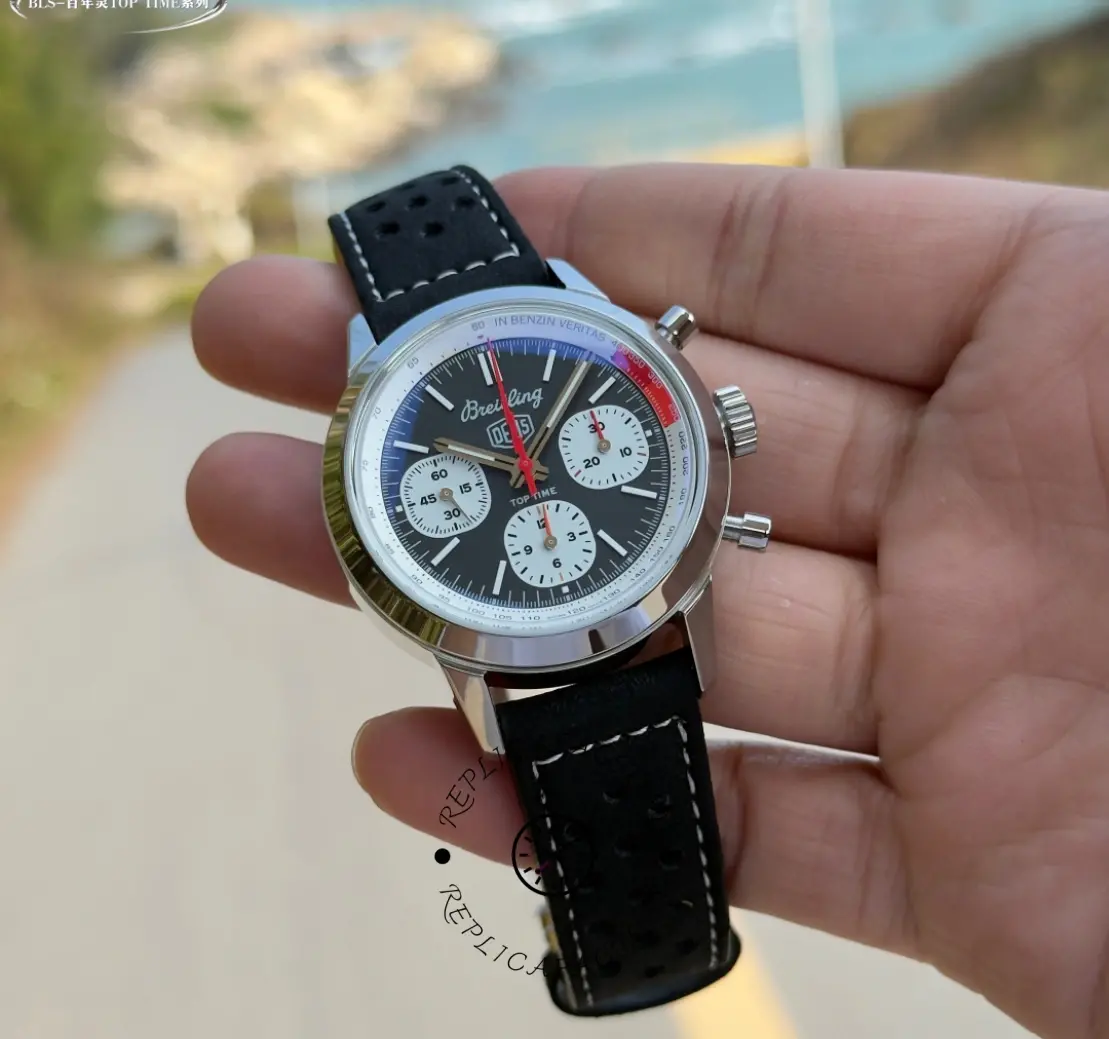 Breitling Top Time B01 Deus Chronograph AB01765A1B1X1, handheld view focusing on chrono subdials.