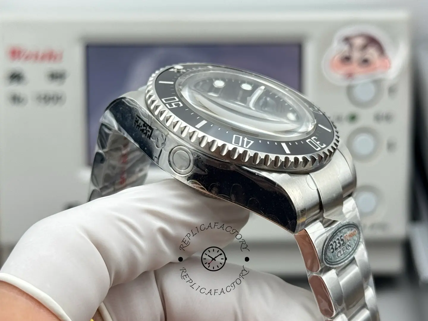 Side profile of Rolex Sea-Dweller 126600 showing the left-side helium valve and bezel edge.