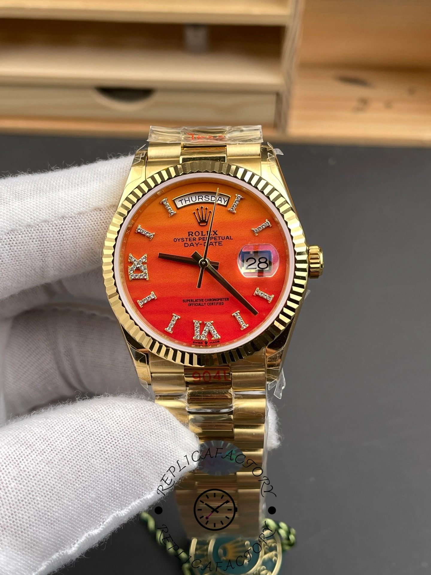 Rolex Day-Date 128238 Fluted Bezel Carnelian dial 36MM Unisex Replica Watch