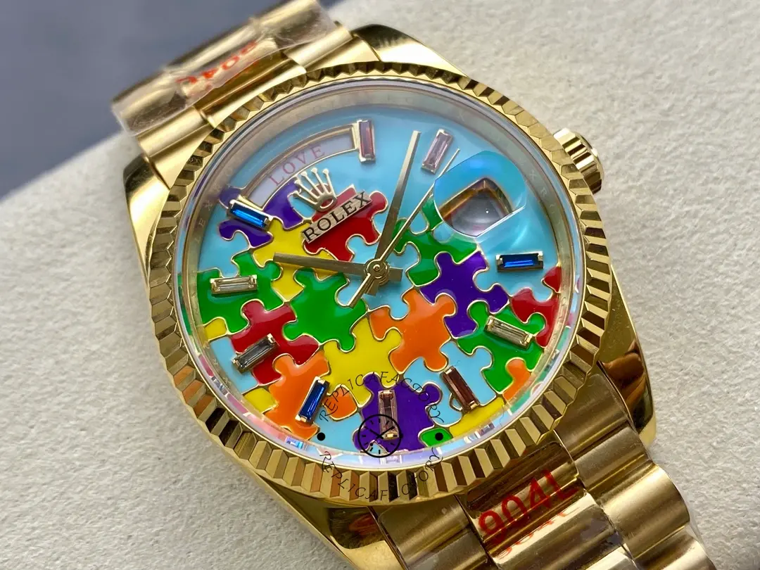 Rolex Day Date 128238-0106 36mm Yellow Gold Fluted Bezel Emoji Puzzle Dial