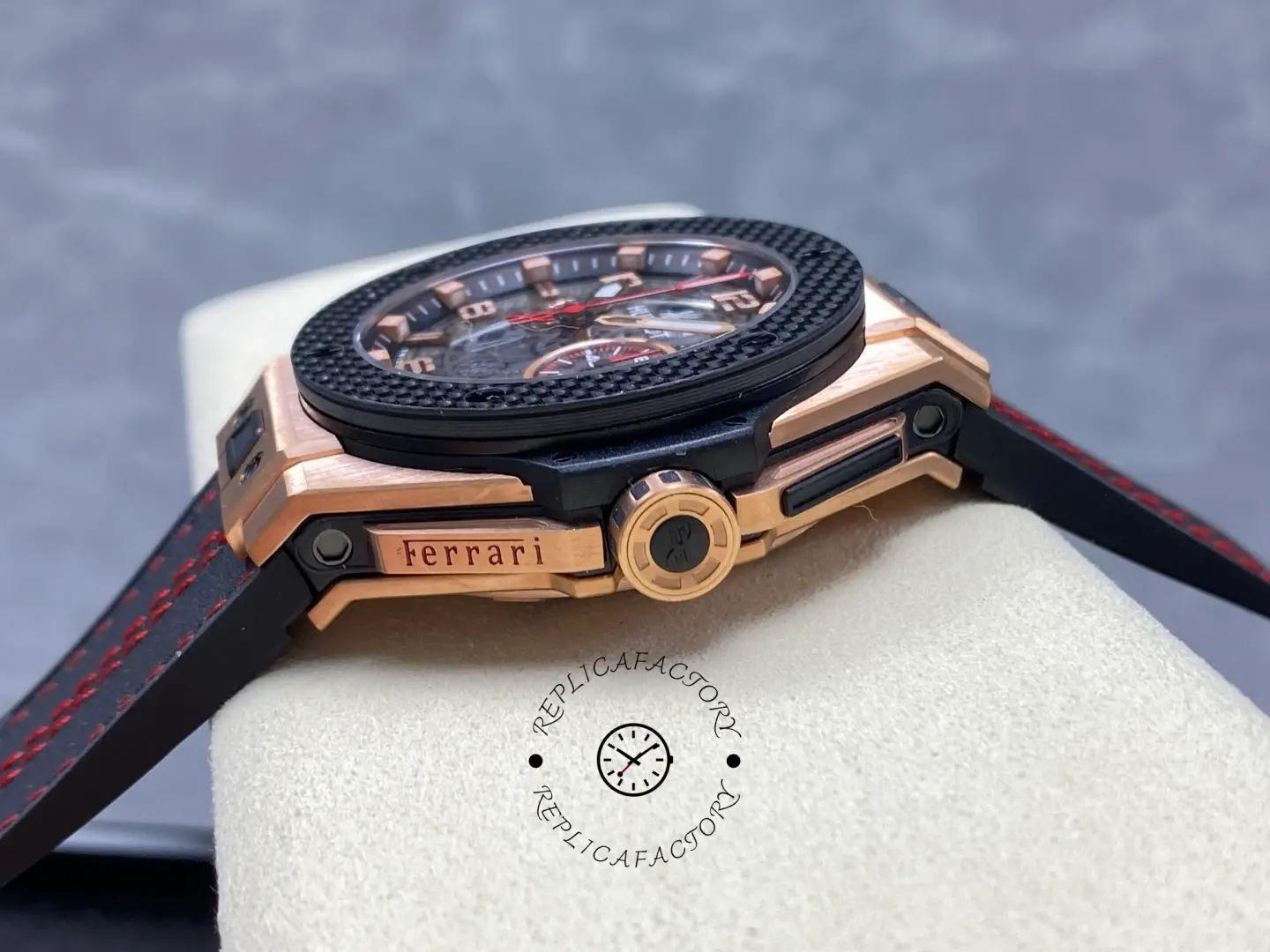 Side angle of Hublot Big Bang Unico Ferrari 401.OX.0123.VR highlighting crown guards and bezel edge.