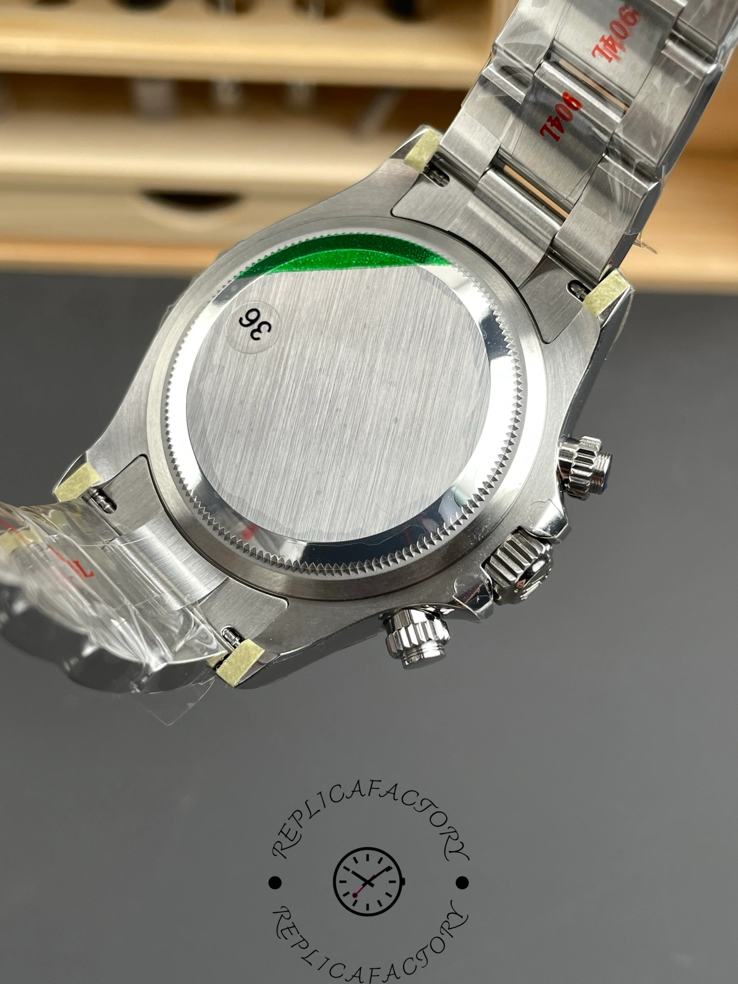 Solid caseback of Rolex Cosmograph Daytona m126500LN-0002 with brushed steel finish.