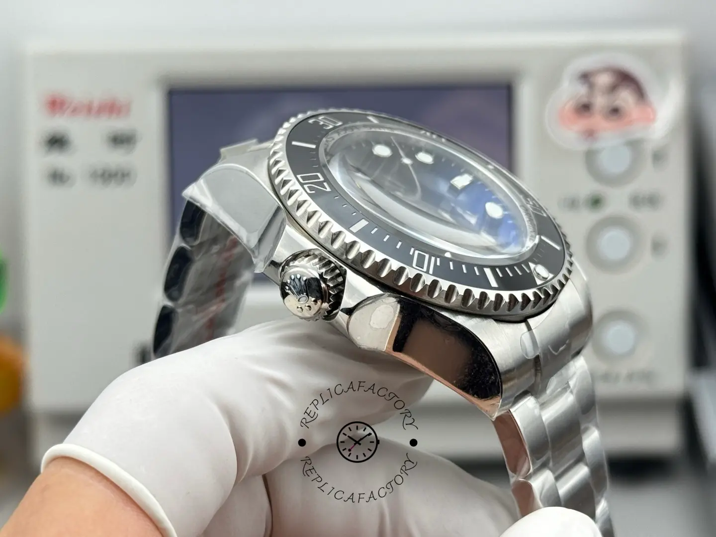 Side view of Rolex Sea-Dweller Deepsea 116660 focusing on screw-down crown and bezel edge teeth.